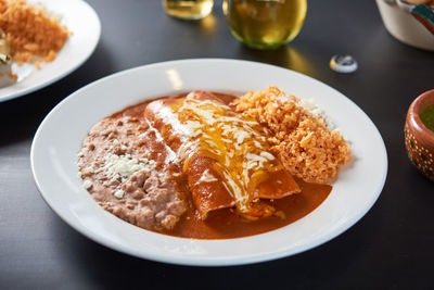 Close-up of food served on table