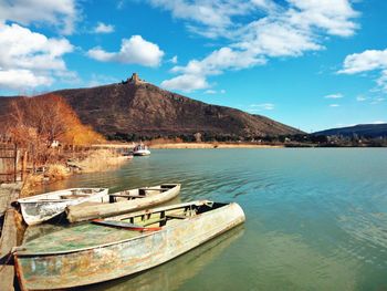 Scenic view of lake against cloudy sky