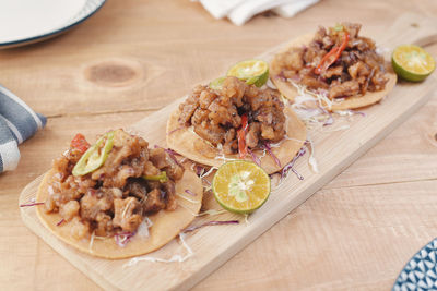 High angle view of food served on table