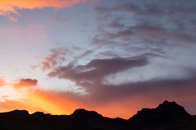 Low angle view of silhouette mountains against dramatic sky