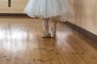 Low section of ballet dancer on hardwood floor