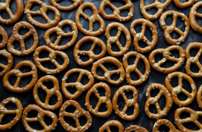 Full frame shot of pretzels on table