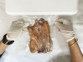 Woman packing fish into plastic bags using vacuum sealer on white background. close-up..