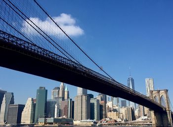 Low angle view of suspension bridge against sky