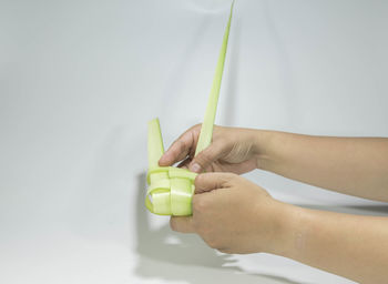 Close-up of hand holding toy against white background