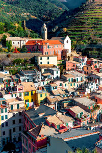 High angle view of houses in city