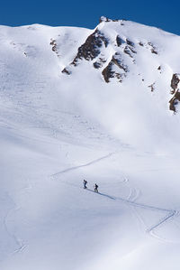 Hikers on snowcapped mountain