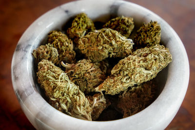 High angle view of food in bowl on table