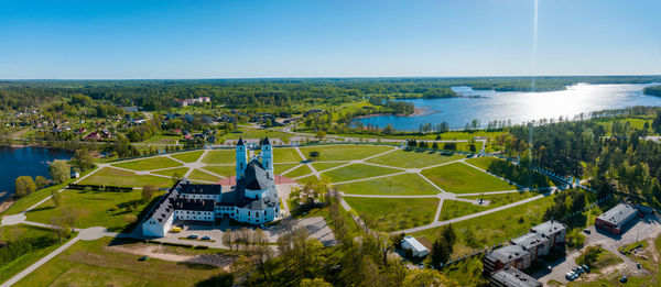 Beautiful aerial view of the white chatolic church basilica in latvia, aglona.