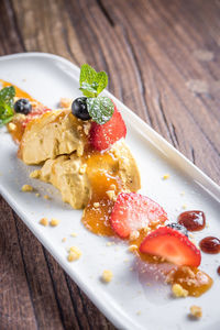 Close-up of dessert served on table