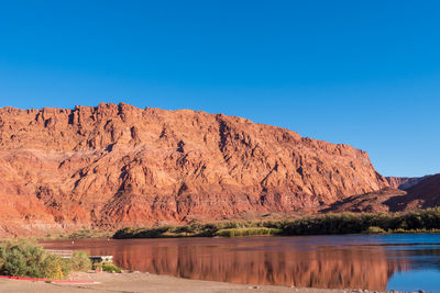 Scenic view of lake and mountains against clear blue sky