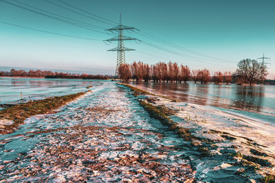 Frozen field and trees after flooding, germany,