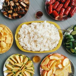 High angle view of food in plates