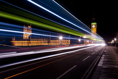 Light trails on road at night