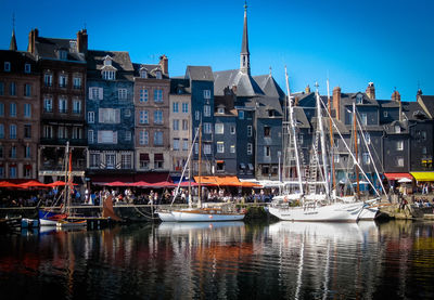 Boats in river with buildings in background