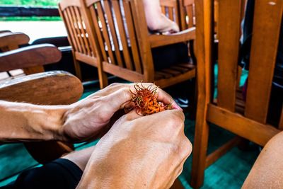 High angle view of man on table