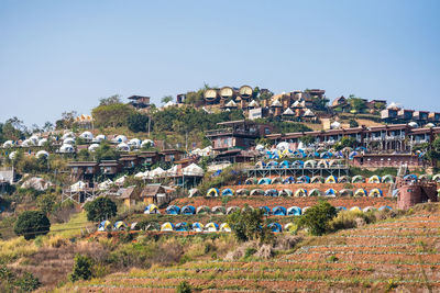 Townscape against clear blue sky