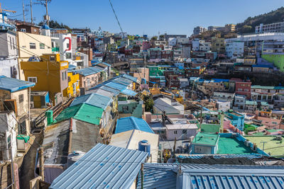 High angle view of buildings in city