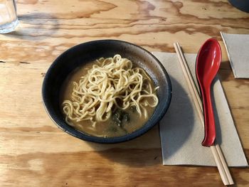 High angle view of soup in bowl on table