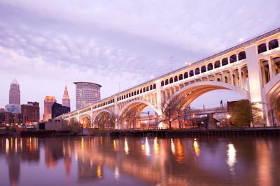 Bridge over river with city in background