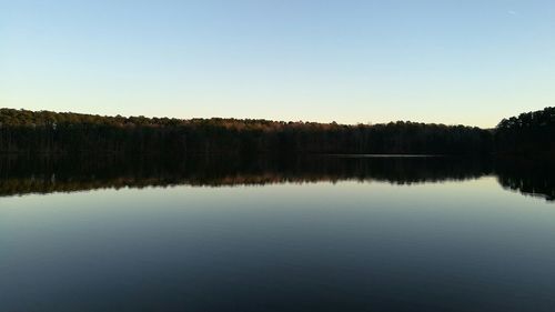 Scenic view of lake against clear sky at sunset