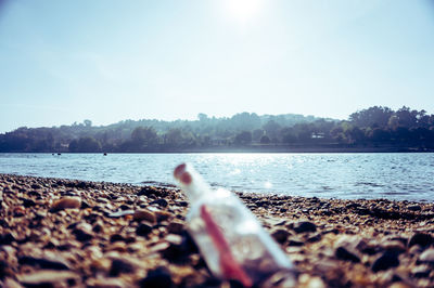 Surface level of calm beach against sunny day