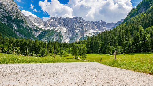 Empty gravel road in idyllic alpine valley. mountains, nature, spring, summer.