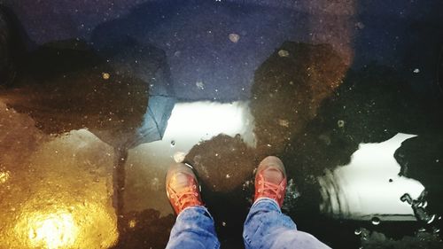 Low section of person standing on puddle during monsoon