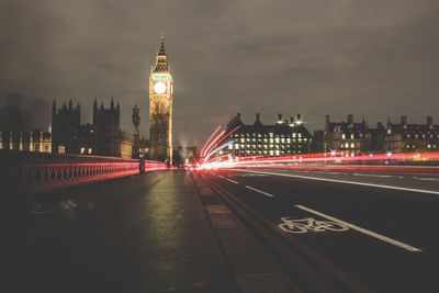 Light trails on road at night