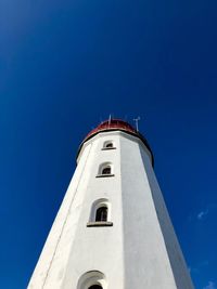 Low angle view of lighthouse against clear blue sky