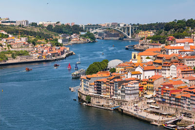 Panoramic view of the center of porto and the douro riverbank and the ponte da arrabida, portugal