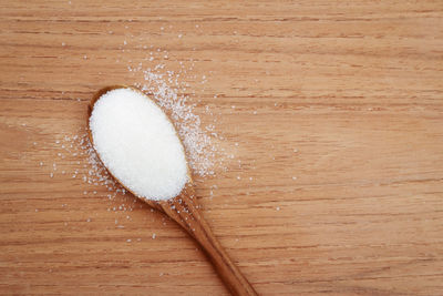 High angle view of bread on wooden table