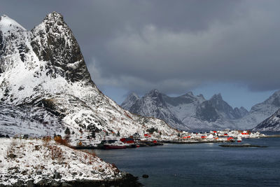 Scenic view of snowcapped mountains against sky during winter