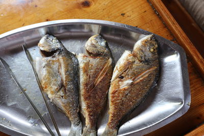 Directly above shot of fish in plate on table