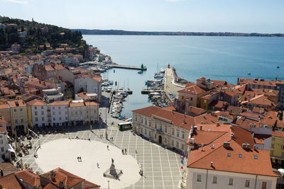 High angle view of townscape by sea against sky