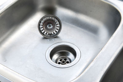 High angle view of metal sink at home