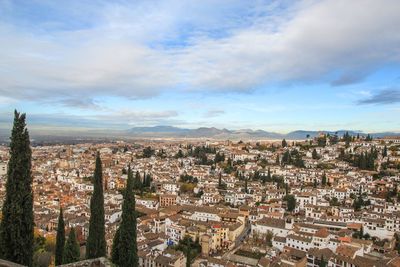 Aerial view of cityscape against sky