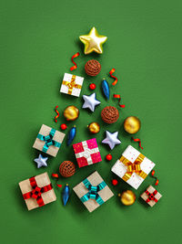 High angle view of christmas decorations on table