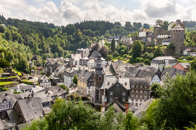 High angle shot of townscape against sky