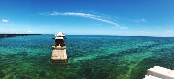 Lighthouse by sea against blue sky