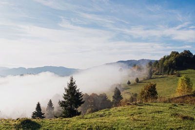 Beautiful mountain landscape. sky with clouds and fog on the hills, misty early morning.