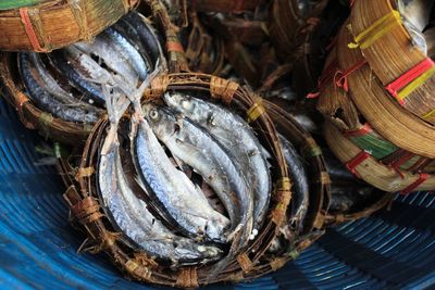 High angle view of fish in basket on table