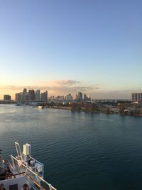 City at waterfront against clear sky