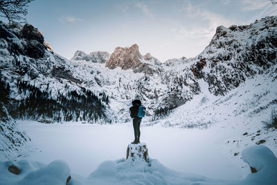 Rear view of person standing on snowcapped mountain against sky