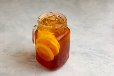 High angle view of drink in glass jar on table