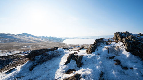 Scenic view of snowcapped mountains against sky