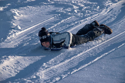 High angle view of person skiing on snow