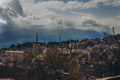 High angle shot of townscape against sky