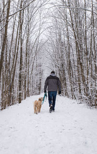 Man walking a dog on snowy trail through the woods on a winter day.