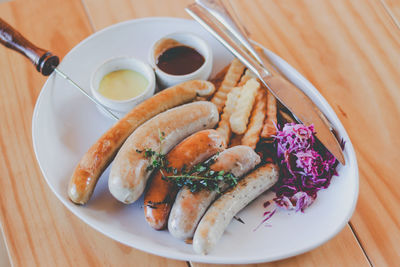 High angle view of food in plate on table